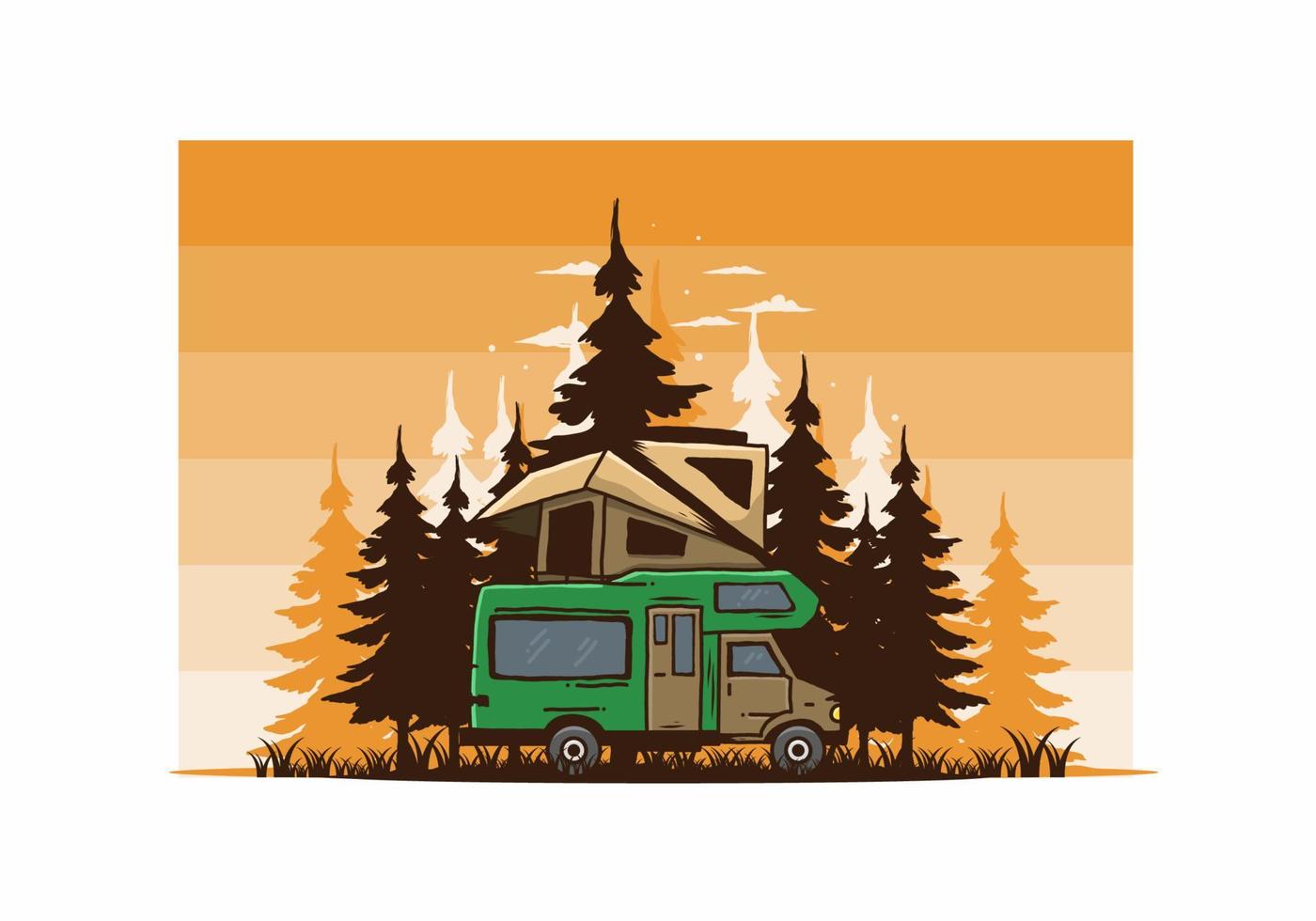 Car roof camping in the jungle illustration vector