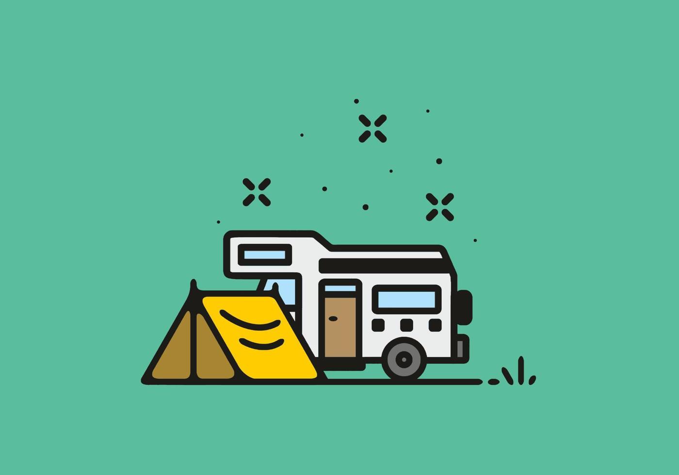 Camping with camper van line art illustration vector