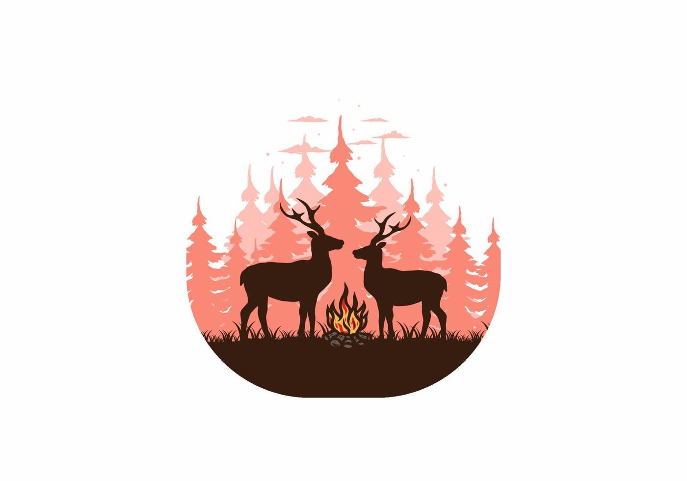 pareja, venado, y, hoguera, ilustración vector