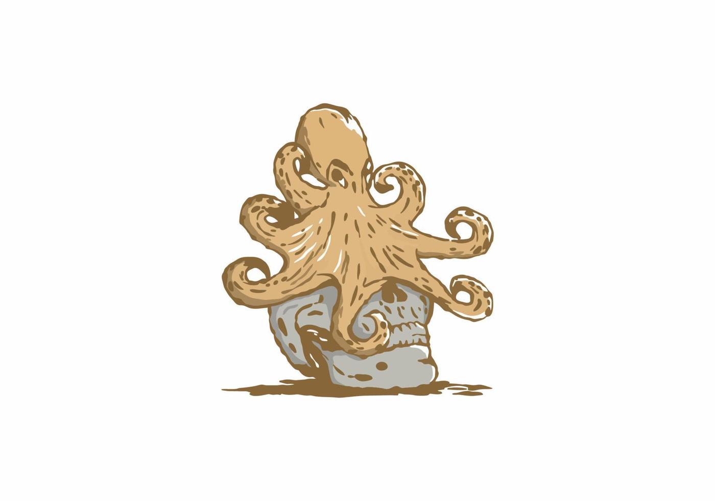 Vintage illustration drawing of octopus on skeleton head vector
