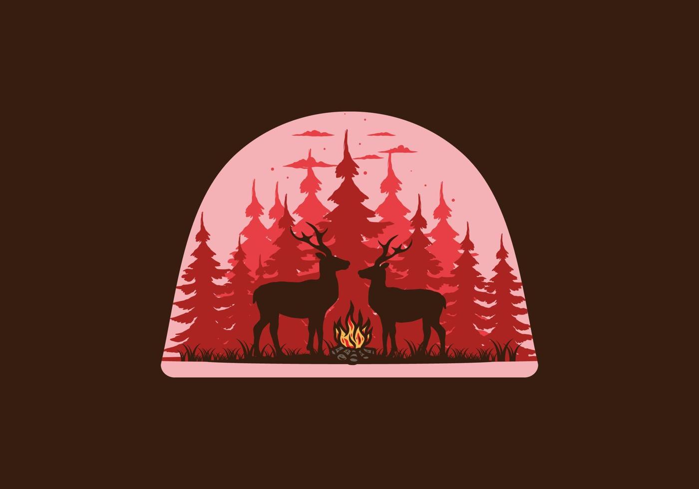 Couple deer and bonfire illustration vector