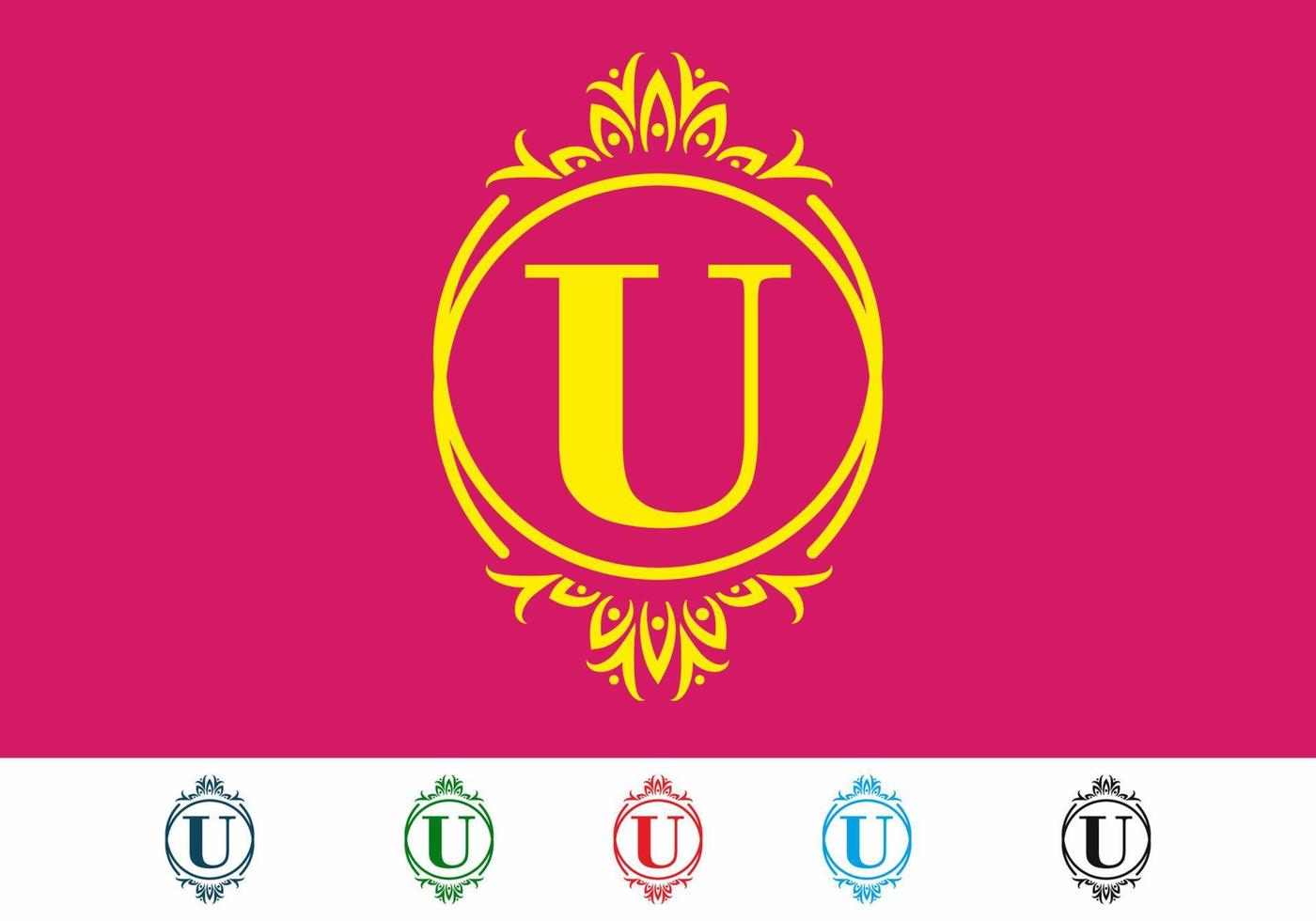 Pink yellow U initial letter in classic frame vector
