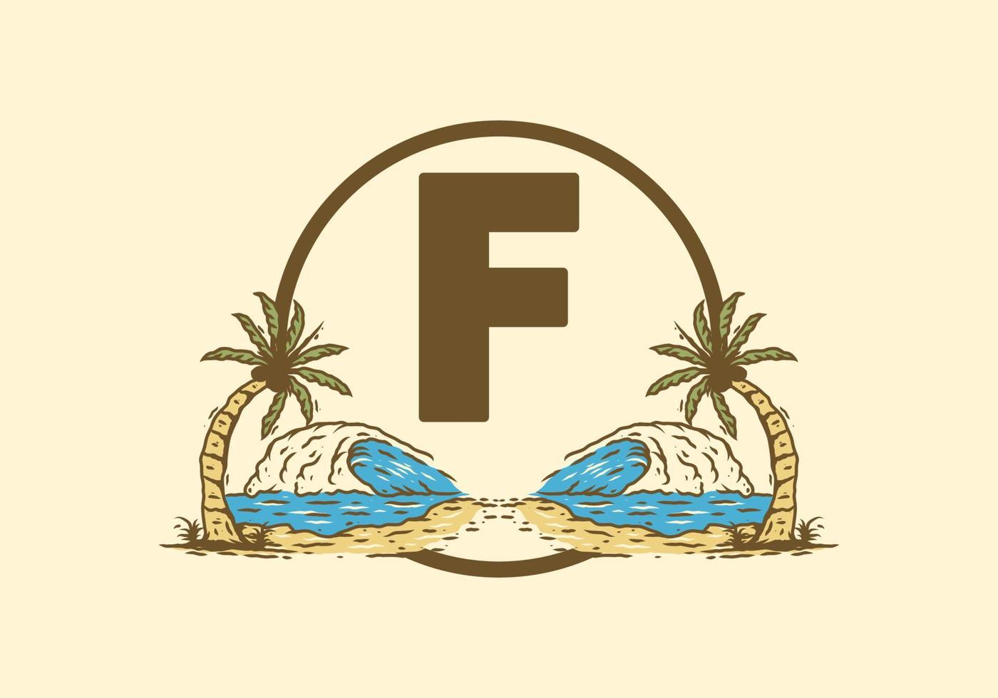 Sea wave and coconut tree line art drawing with F initial letter vector