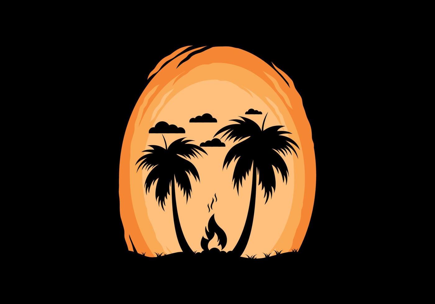 Silhouette of bonfire and coconut trees on the beach vector