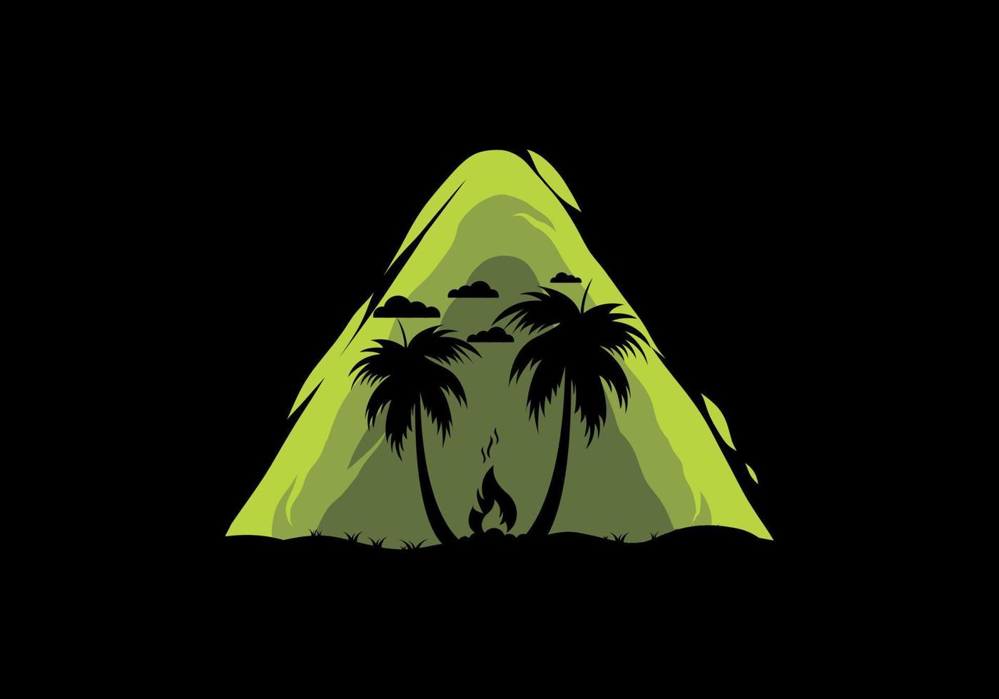 Silhouette of bonfire and coconut trees on the beach vector