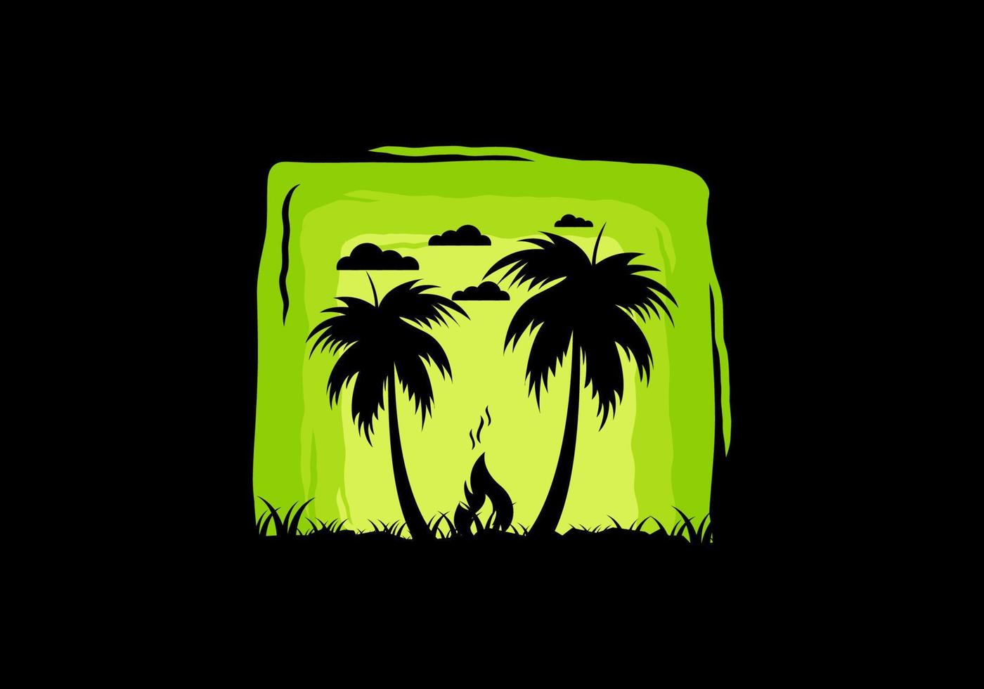 Silhouette of bonfire and coconut trees on the beach vector