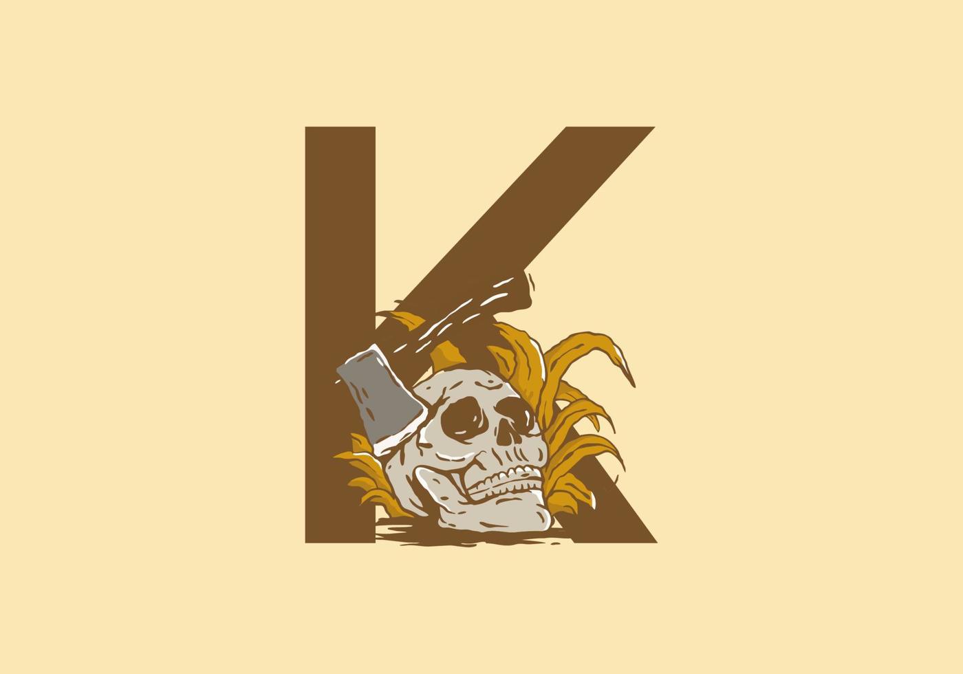 Skeleton head and ax illustration drawing with K initial letter vector