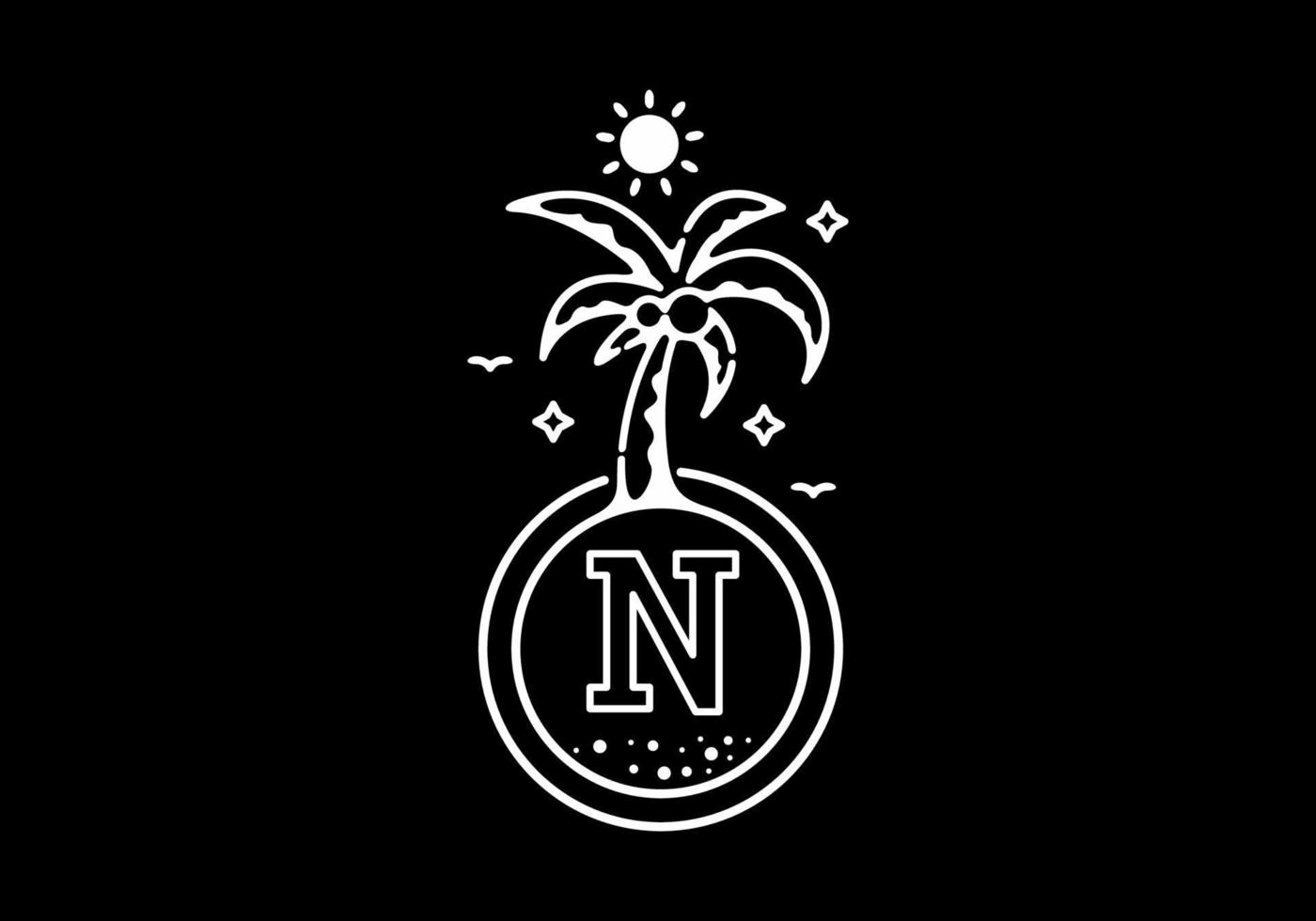 White black line art illustration of coconut tree in the beach with N initial letter vector