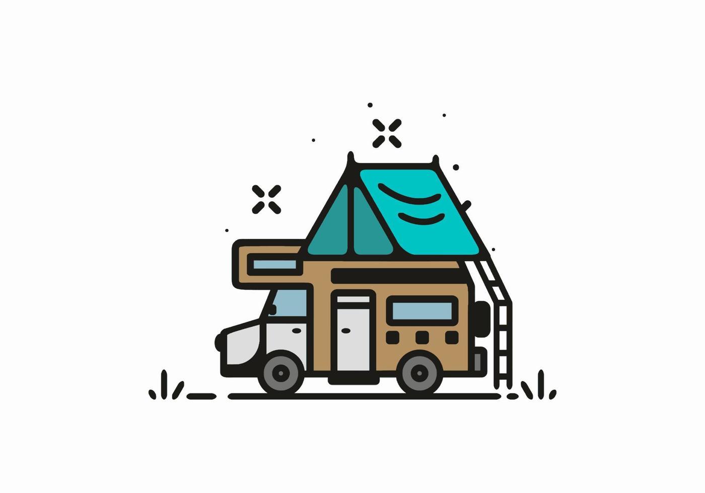 Camping with camper van line art illustration vector