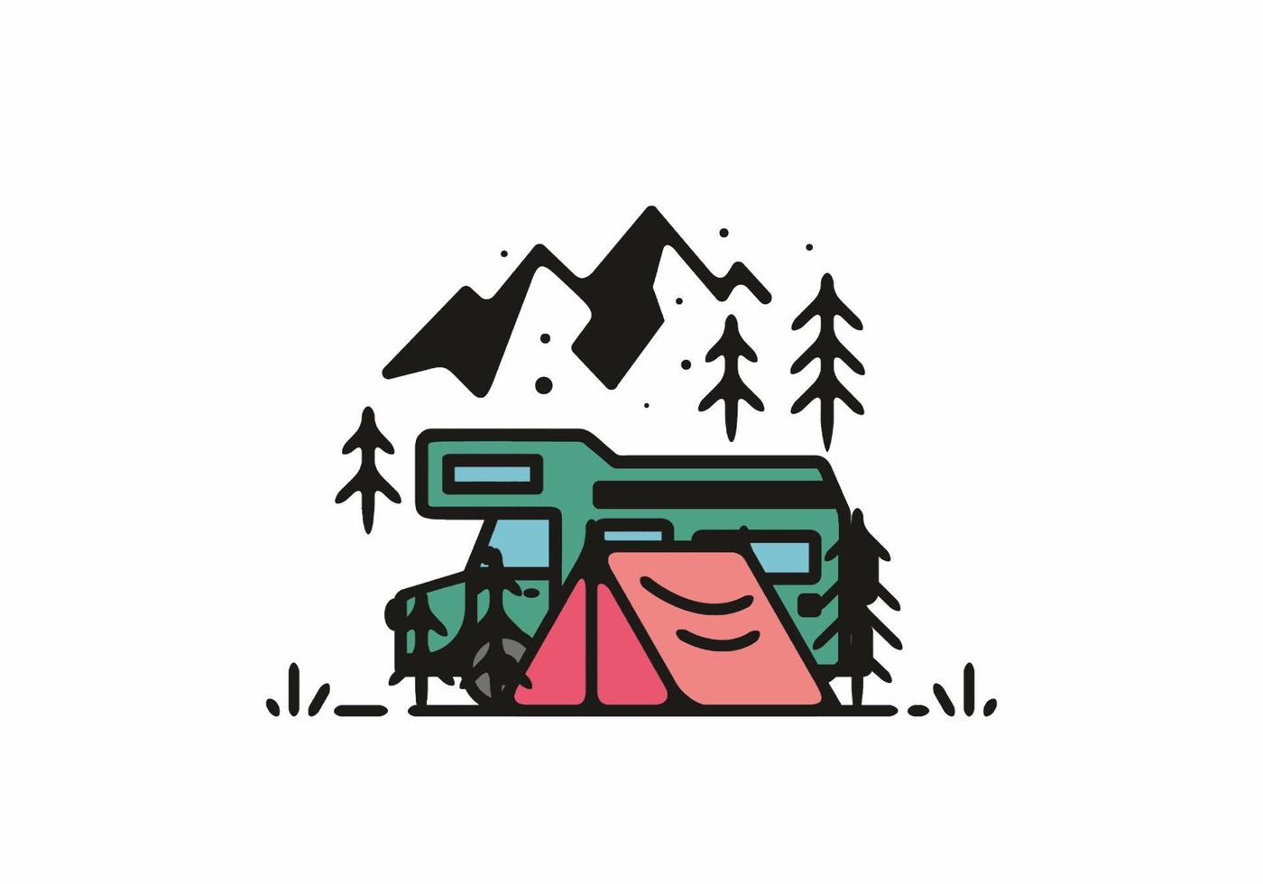 Simple camper van camping illustration vector