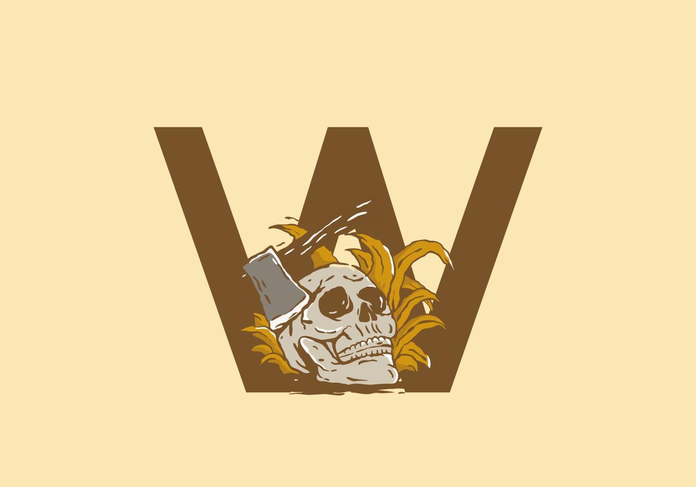 Skeleton head and ax illustration drawing with W initial letter vector