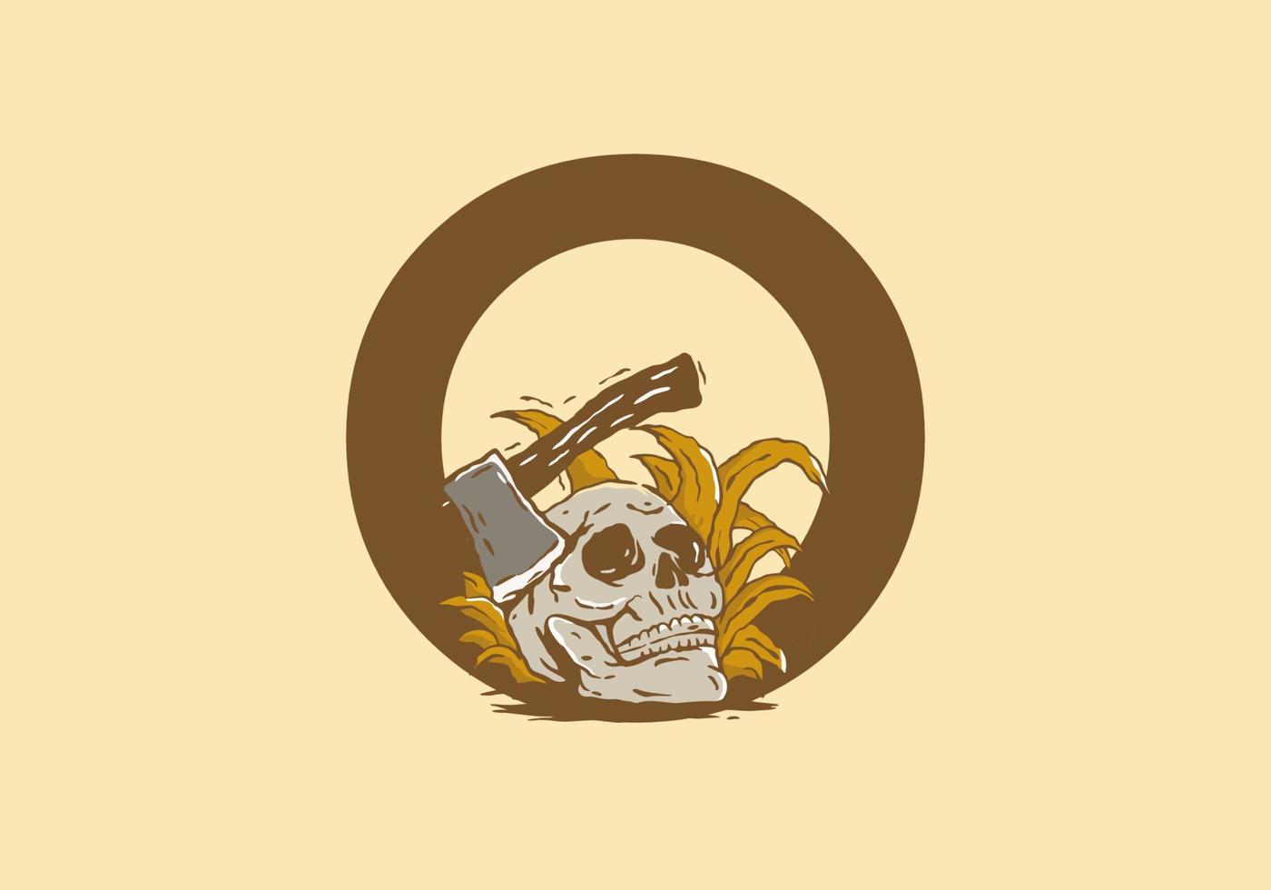 Skeleton head and ax illustration drawing with O initial letter vector