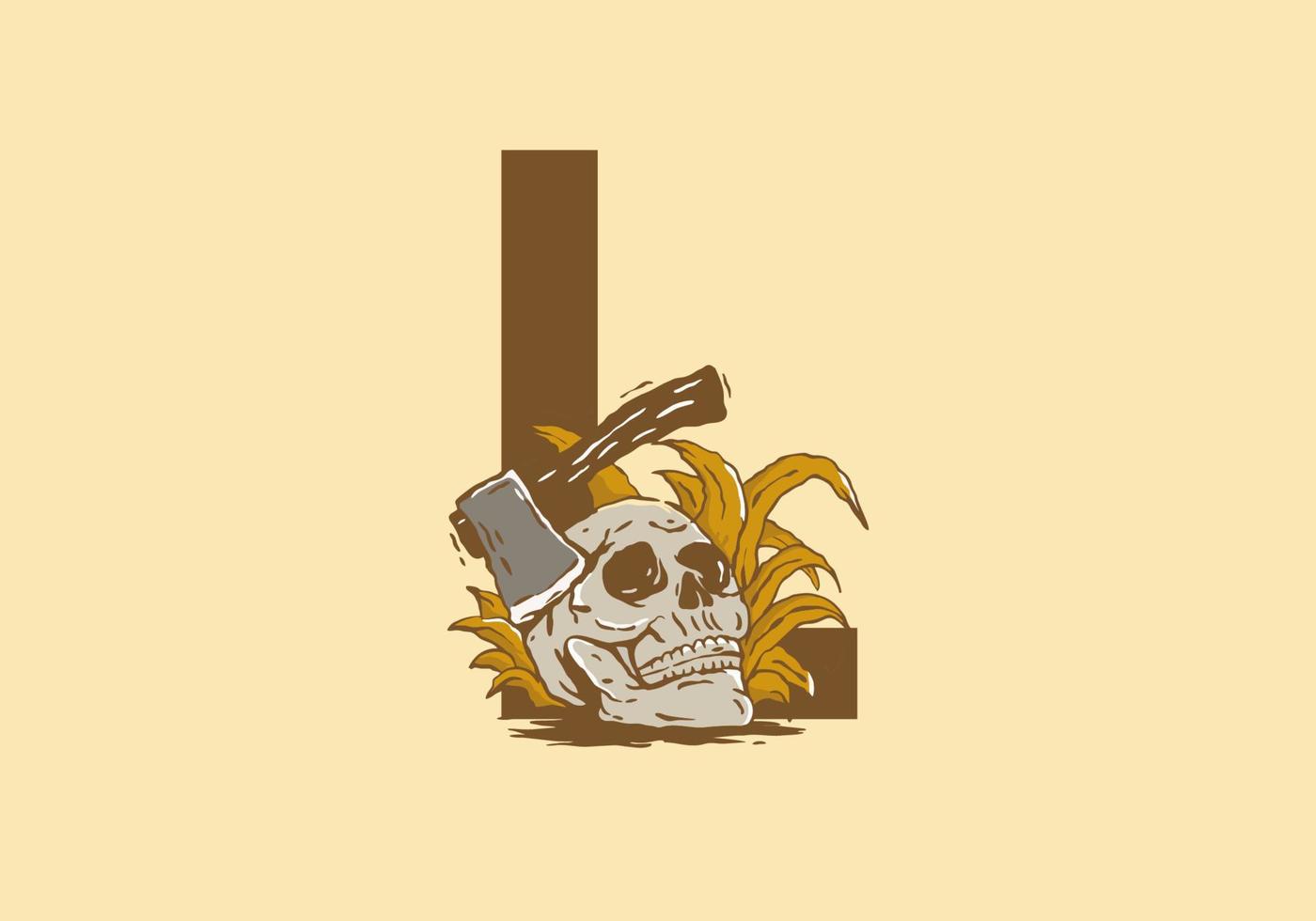 Skeleton head and ax illustration drawing with L initial letter vector