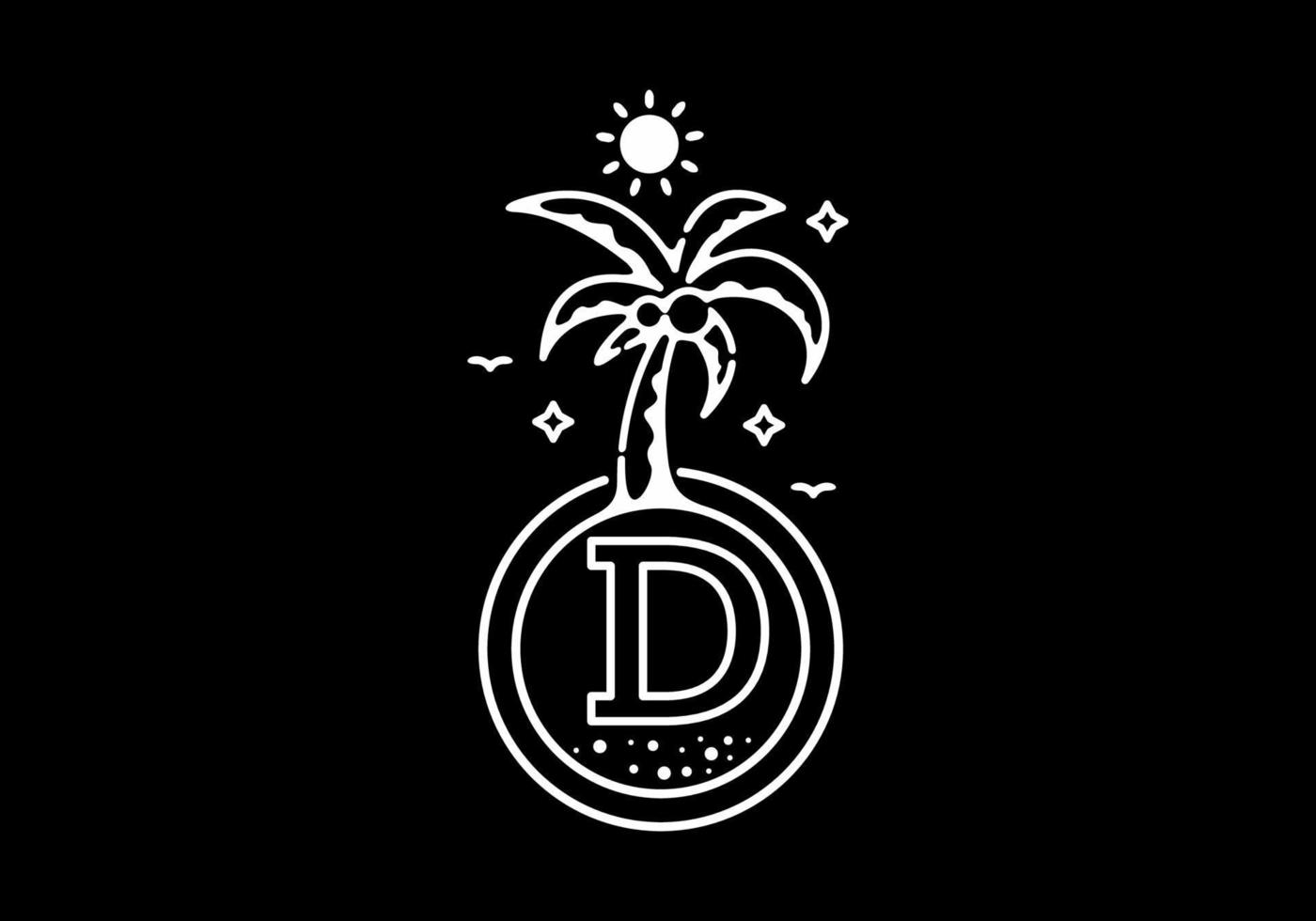 White black line art illustration of coconut tree in the beach with D initial letter vector