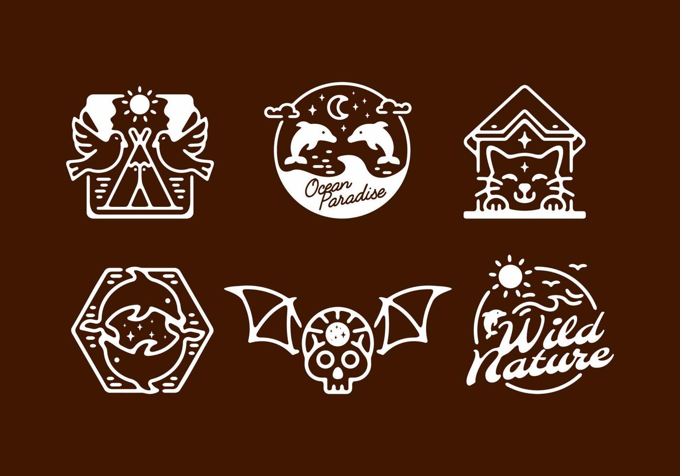 White and brown animal line art set collection vector