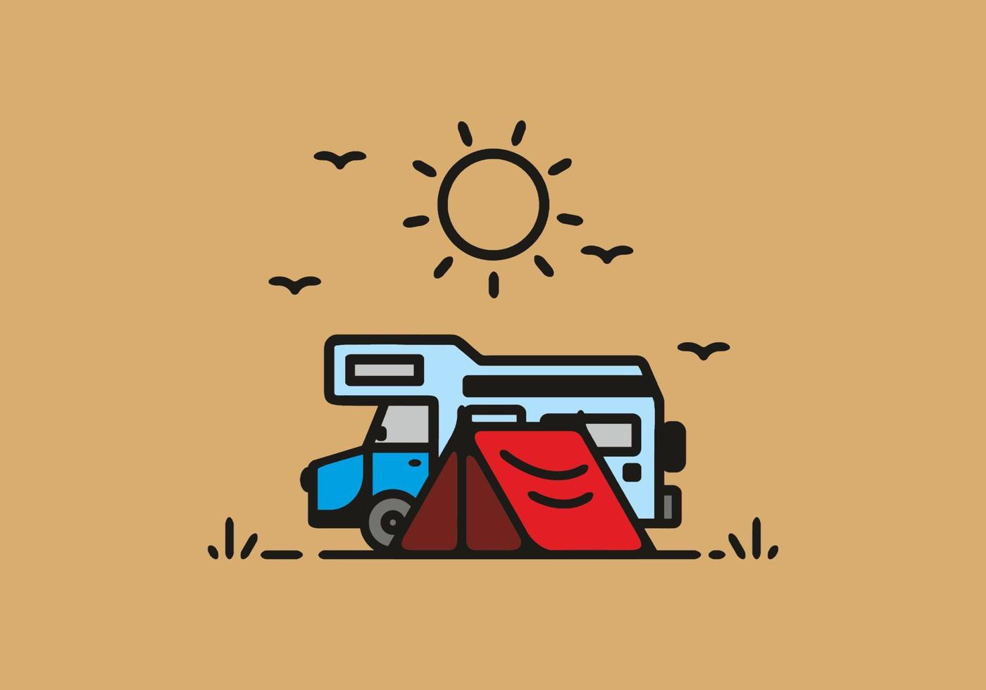 Simple camper van camping illustration vector