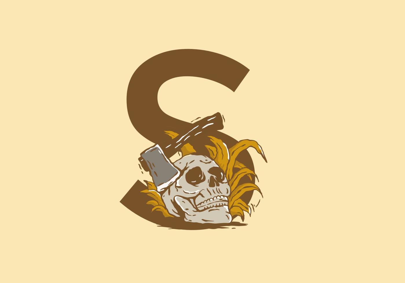Skeleton head and ax illustration drawing with S initial letter vector