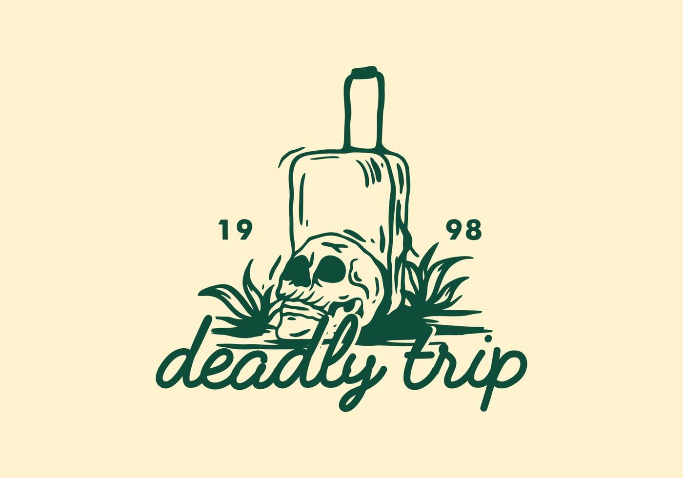 Skull head and suitcase, Deadly trip vintage illustration drawing vector