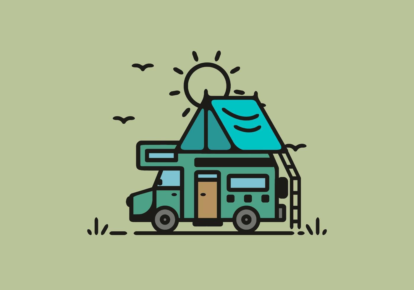 Camping with camper van line art illustration vector