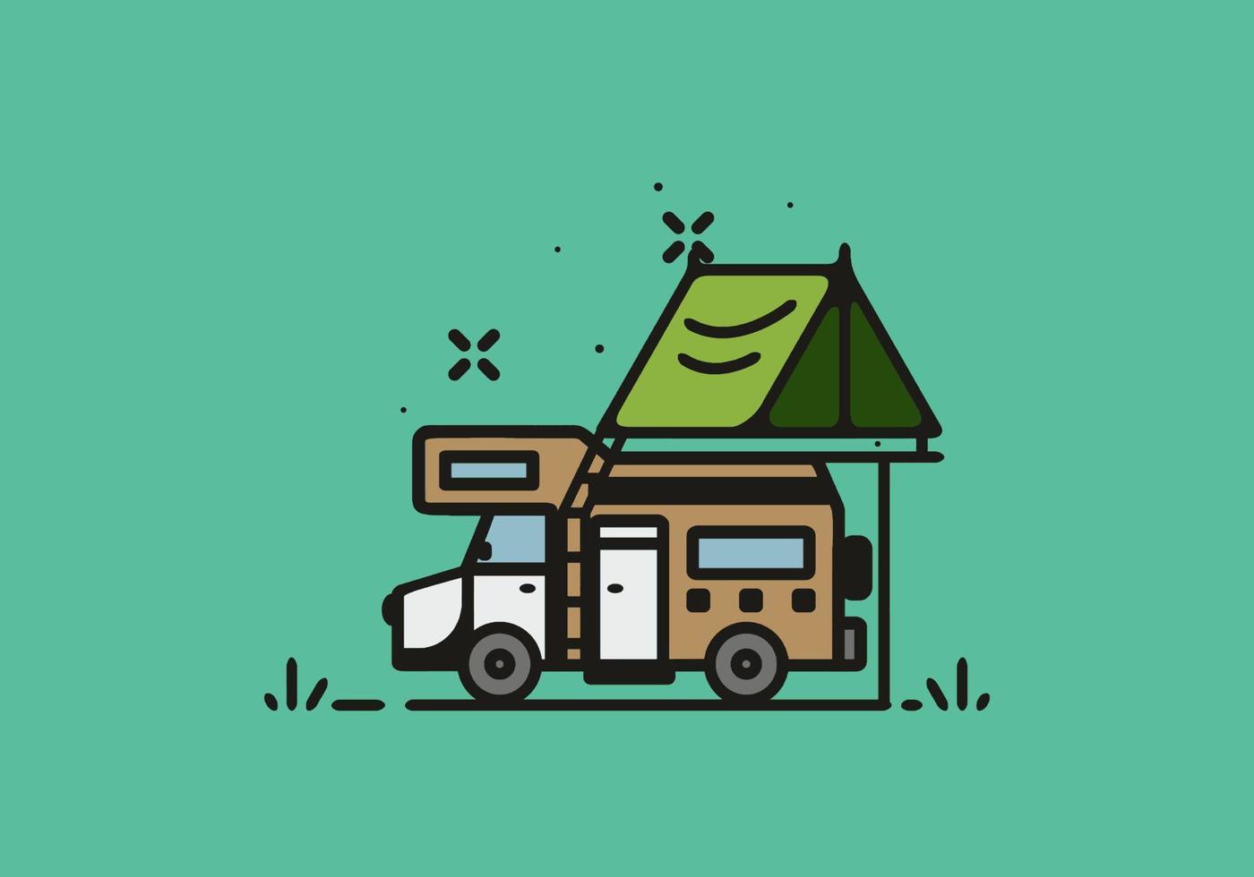 Camping with camper van line art illustration vector