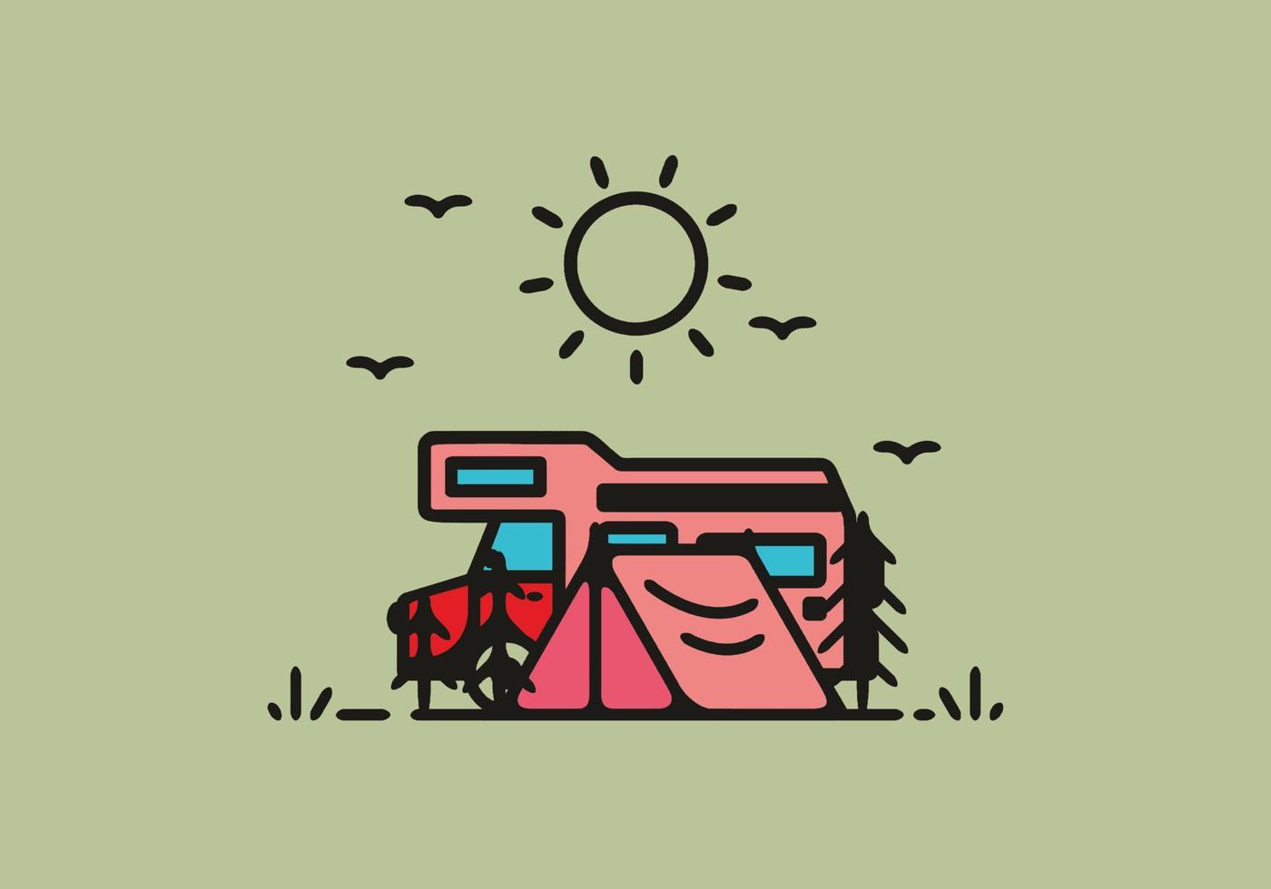 Camping with camper van line art illustration vector