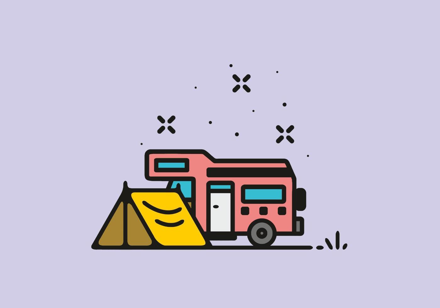 Camping with camper van line art illustration vector