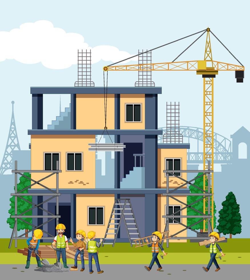 Building construction site with workers vector