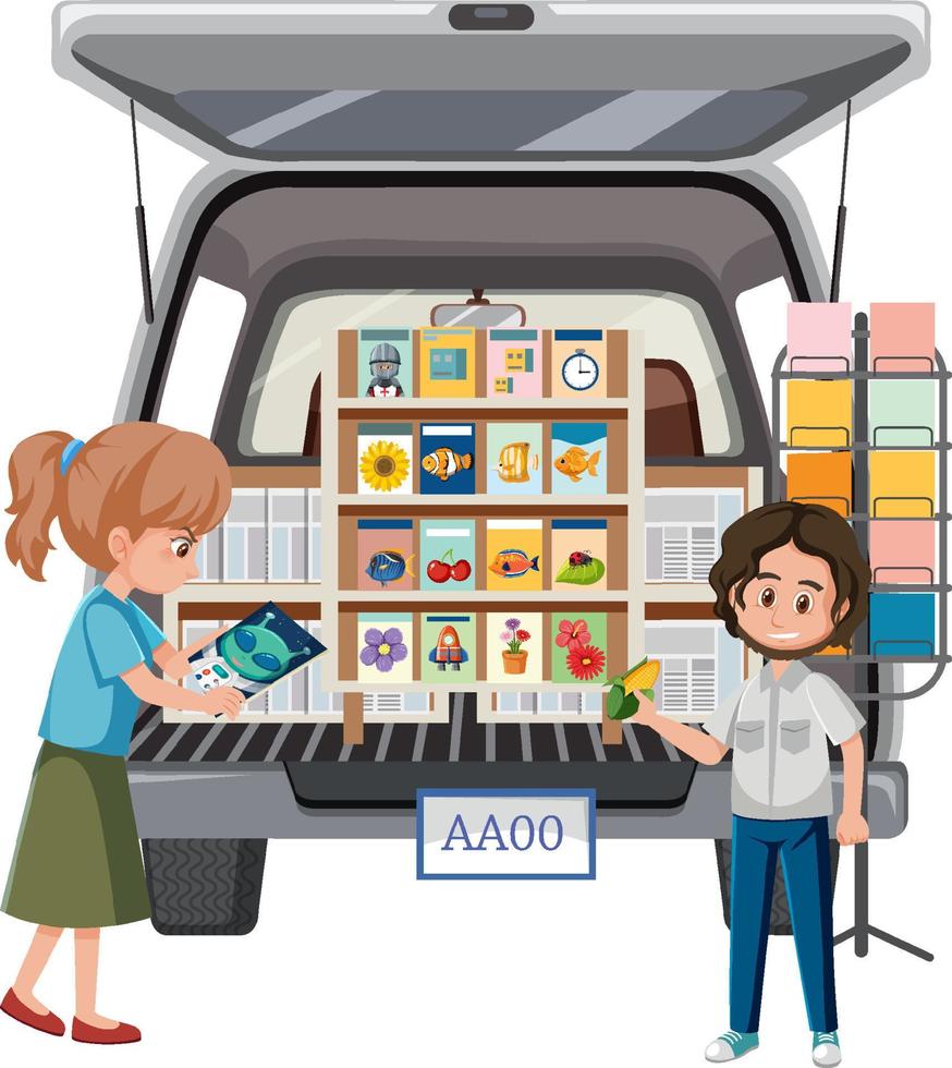 People looking at books on the van vector