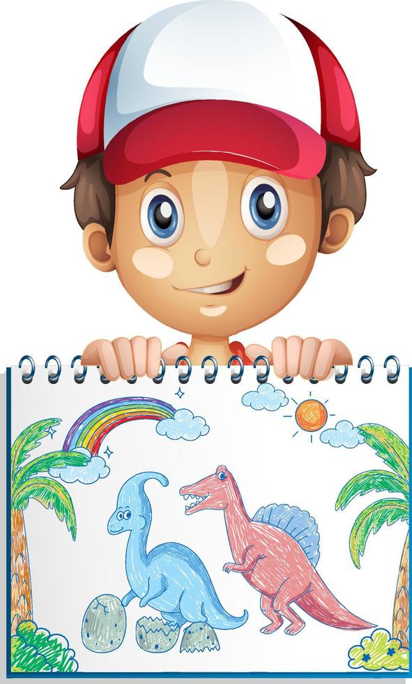 Coloured hand drawn dinosaurs on paper with a boy cartoon character vector