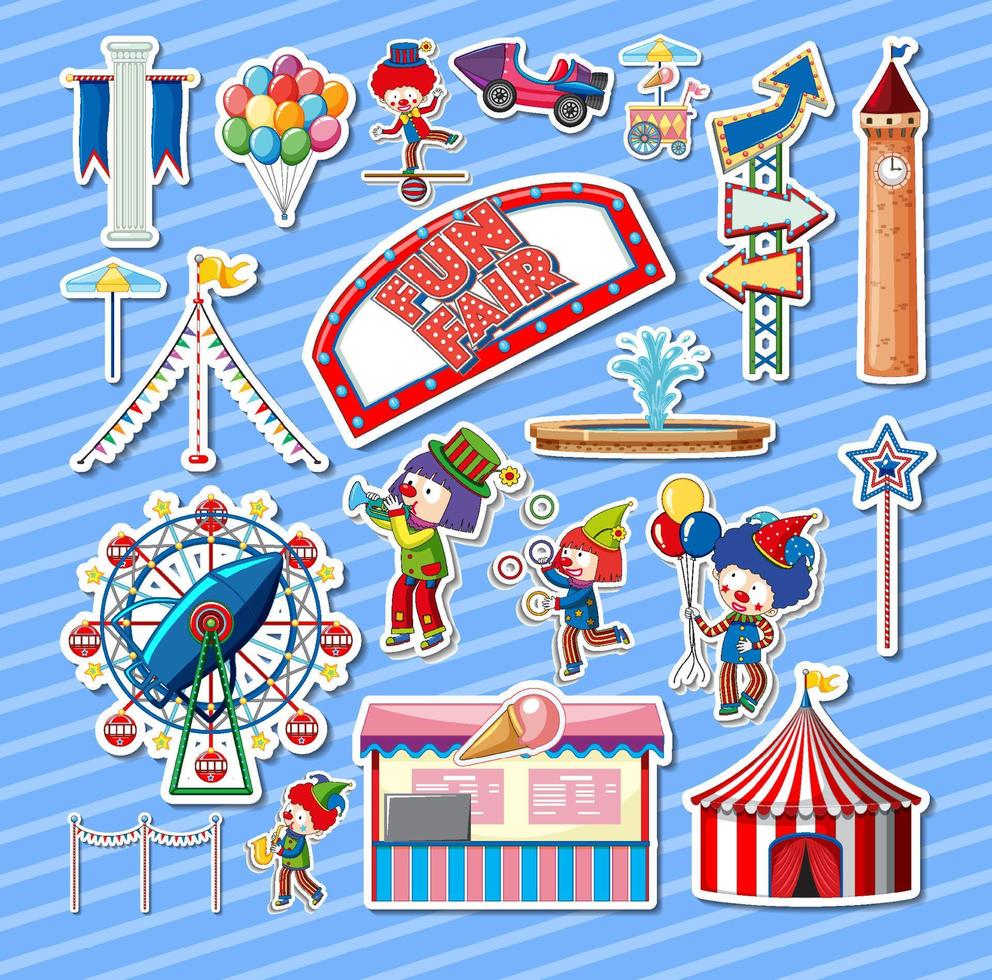 conjunto de pegatinas de objetos del parque de atracciones y personajes de dibujos animados vector