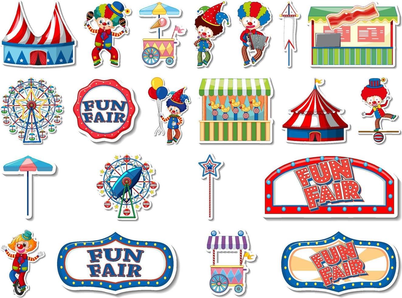 Sticker set of amusement park and fun fair objects vector