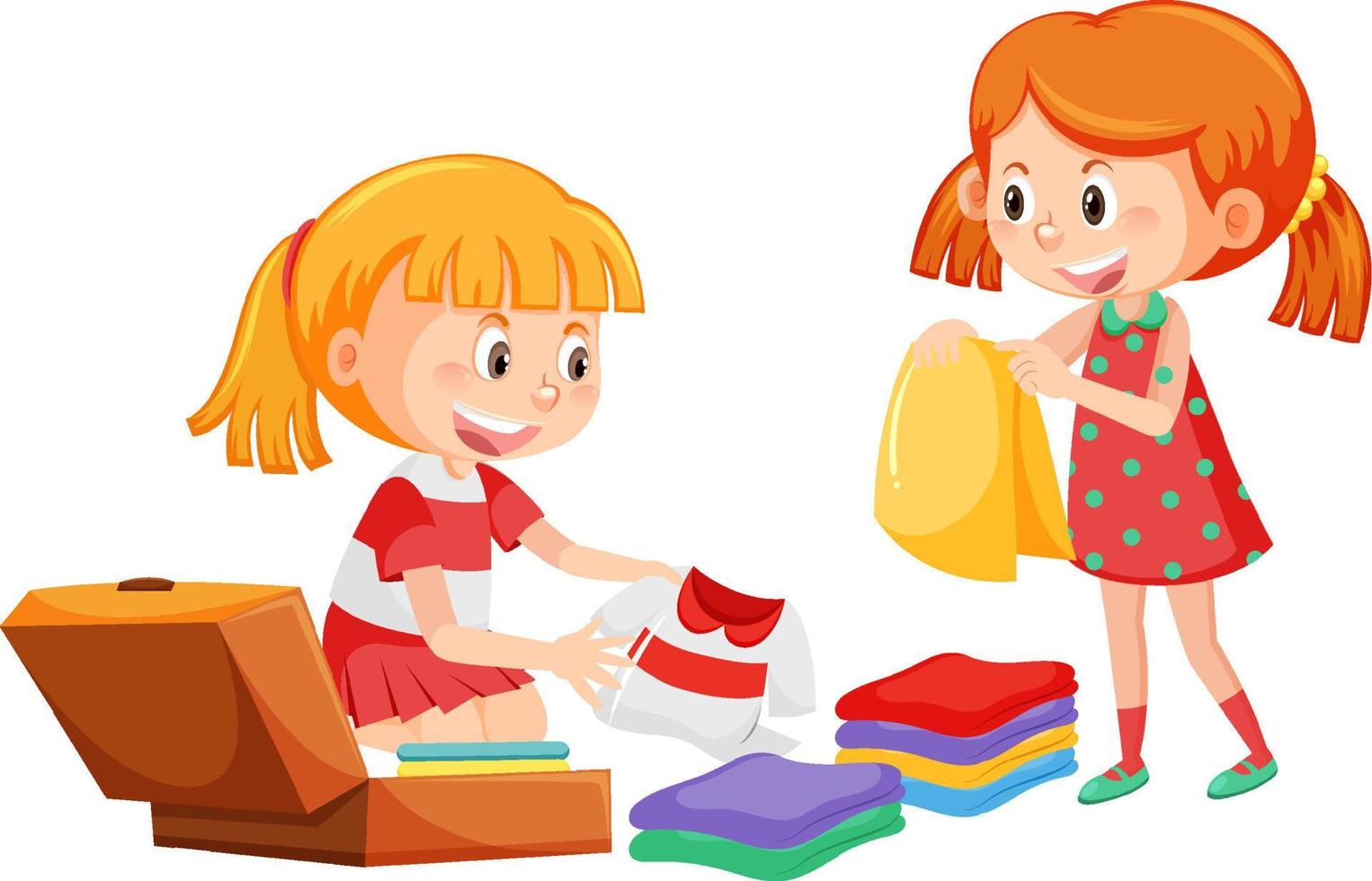 Girl folding clothes and packing luggage vector