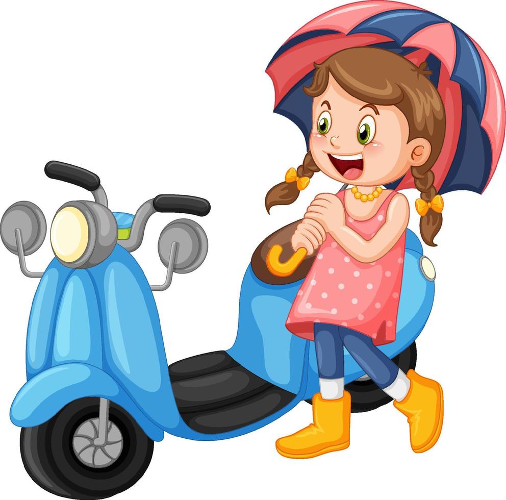 una niña sosteniendo un paraguas junto a una motocicleta vector