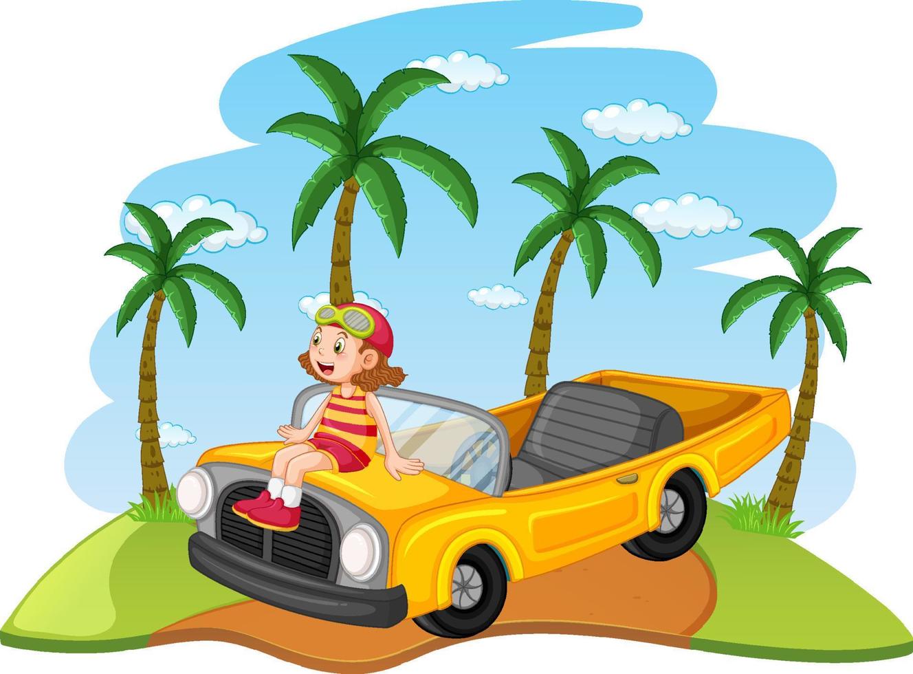 concepto de viaje por carretera con niños conduciendo un coche descapotable clásico vector