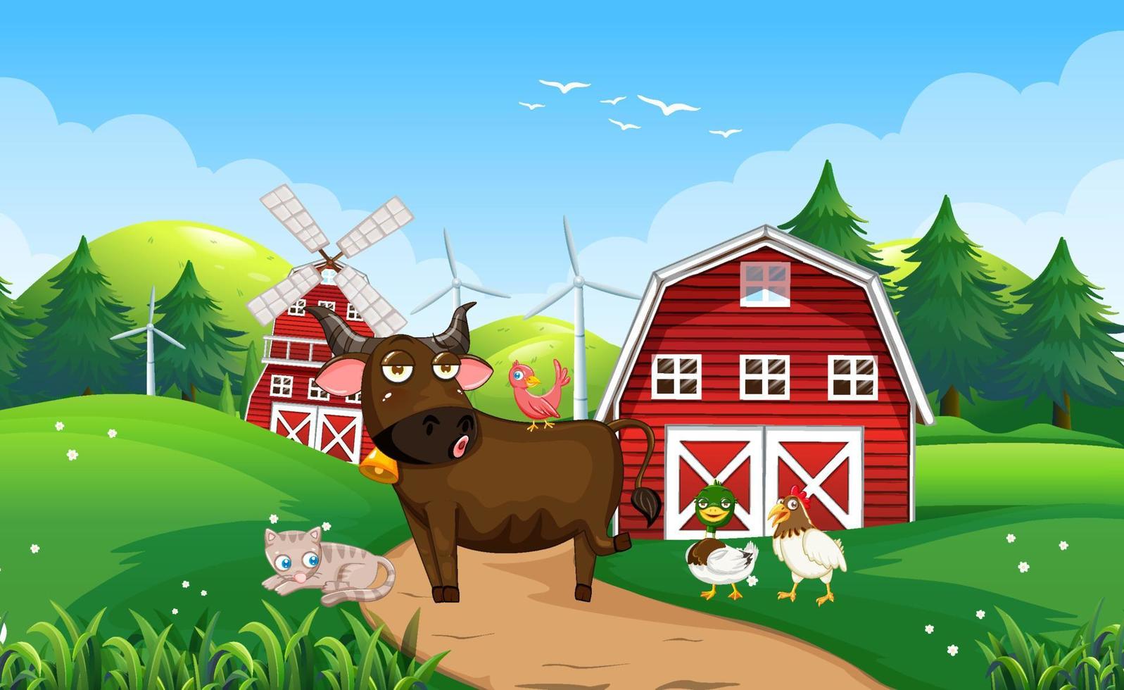 Animals in farm landscape vector