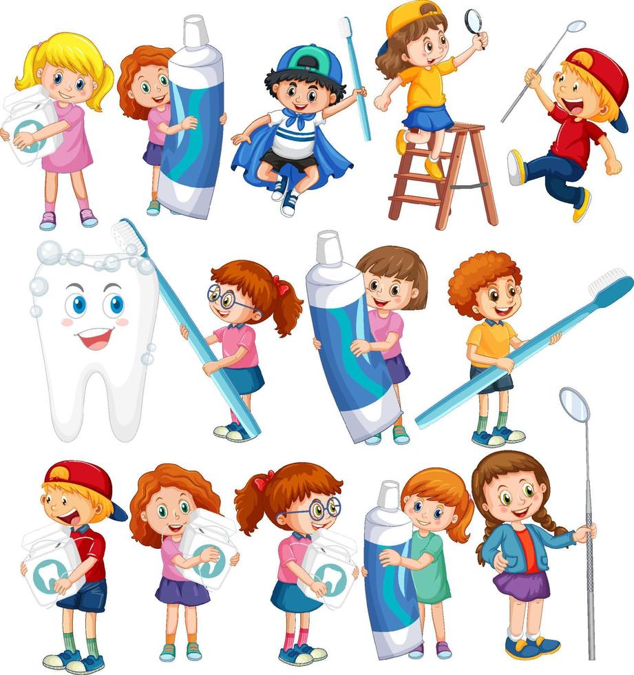 conjunto de niños felices con equipo de limpieza dental sobre fondo blanco vector