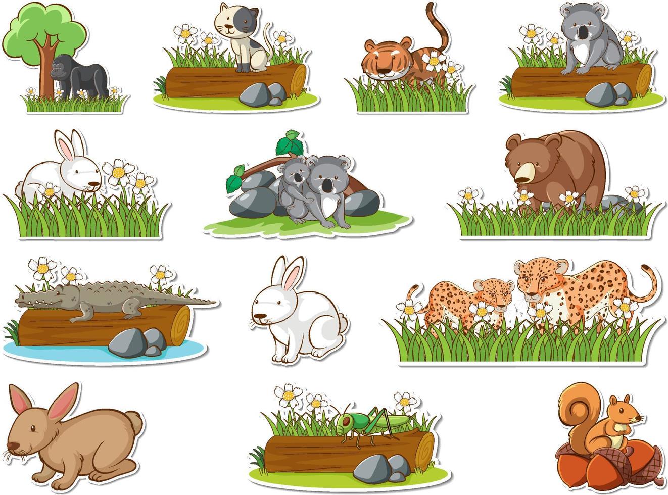 Sticker set of cartoon wild animals vector