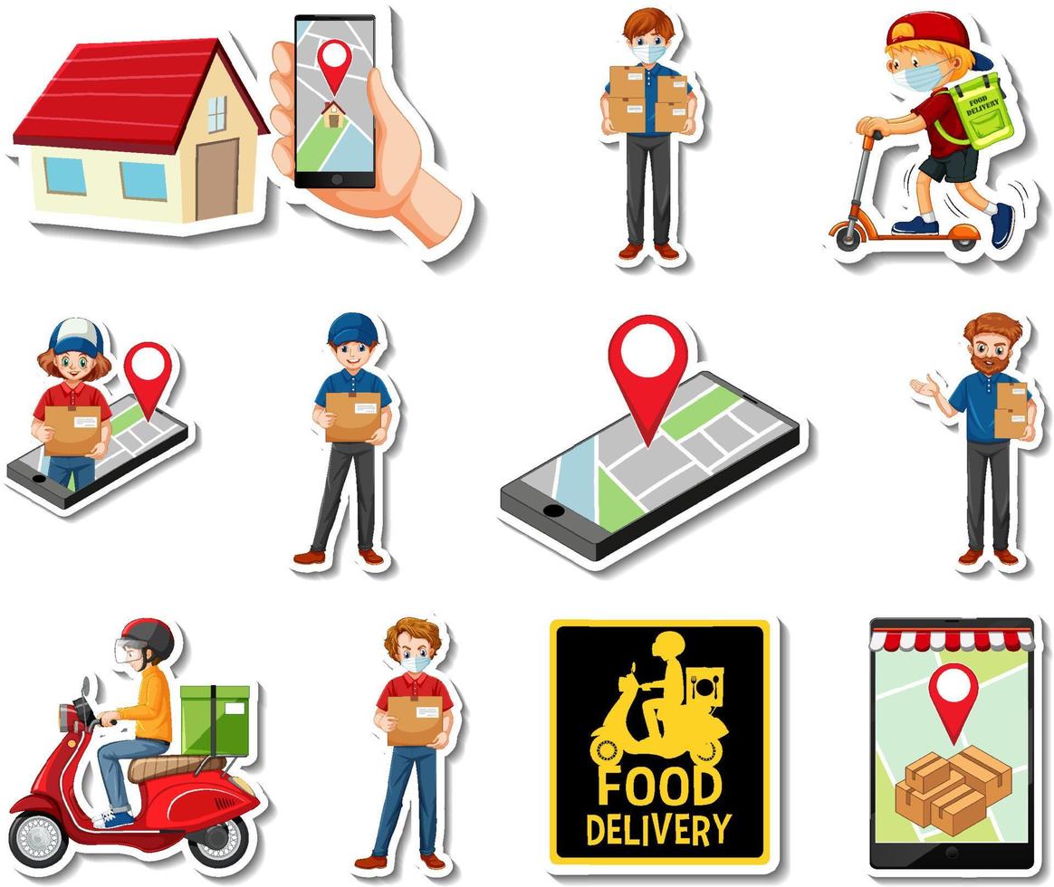 Sticker set of delivery objects and cartoon characters vector