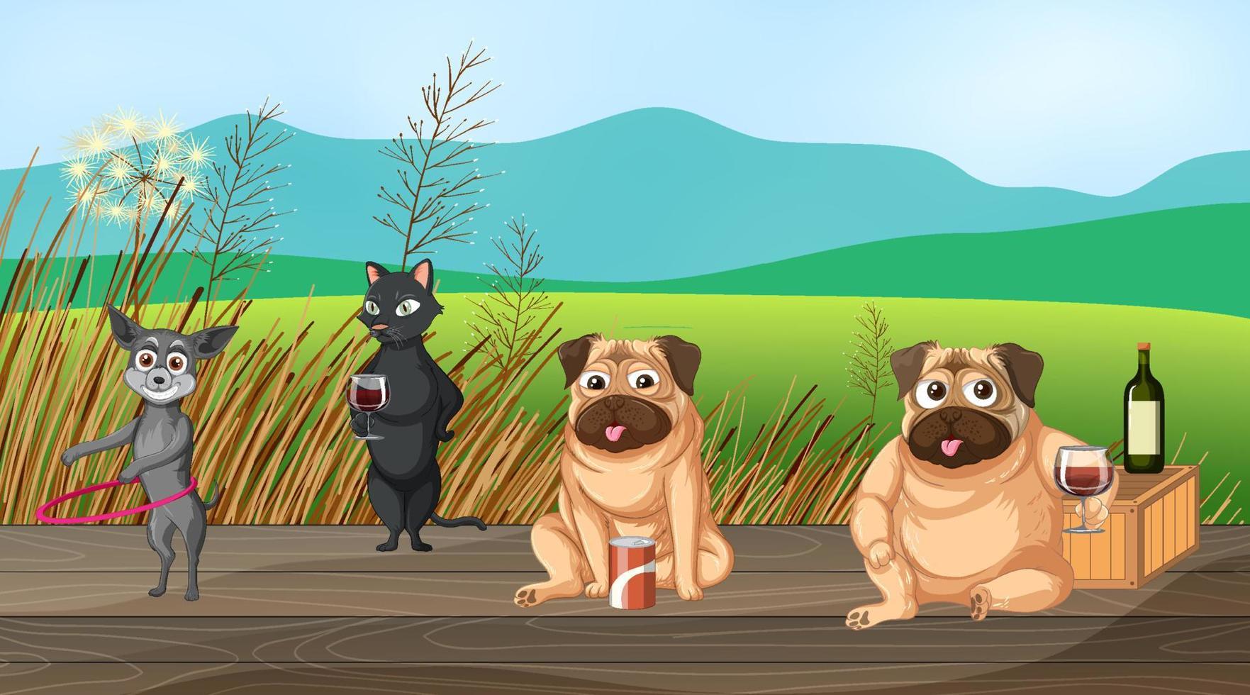 Outdoor park scene with many dogs vector