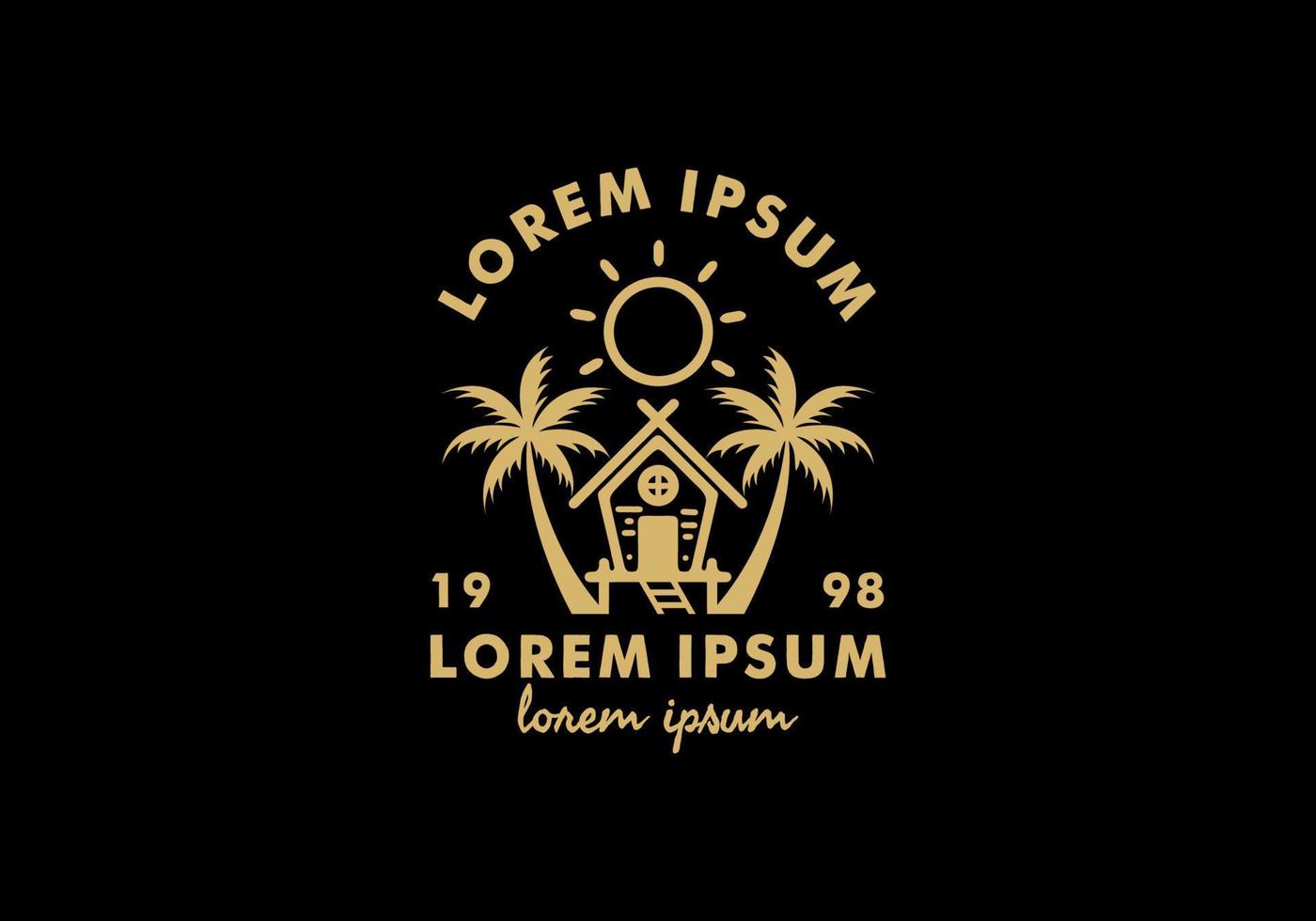 Simple house on the beach line art with lorem ipsum text vector