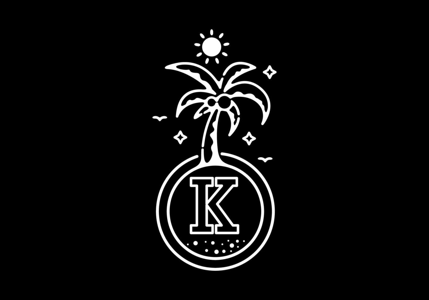 White black line art illustration of coconut tree in the beach with K initial letter vector