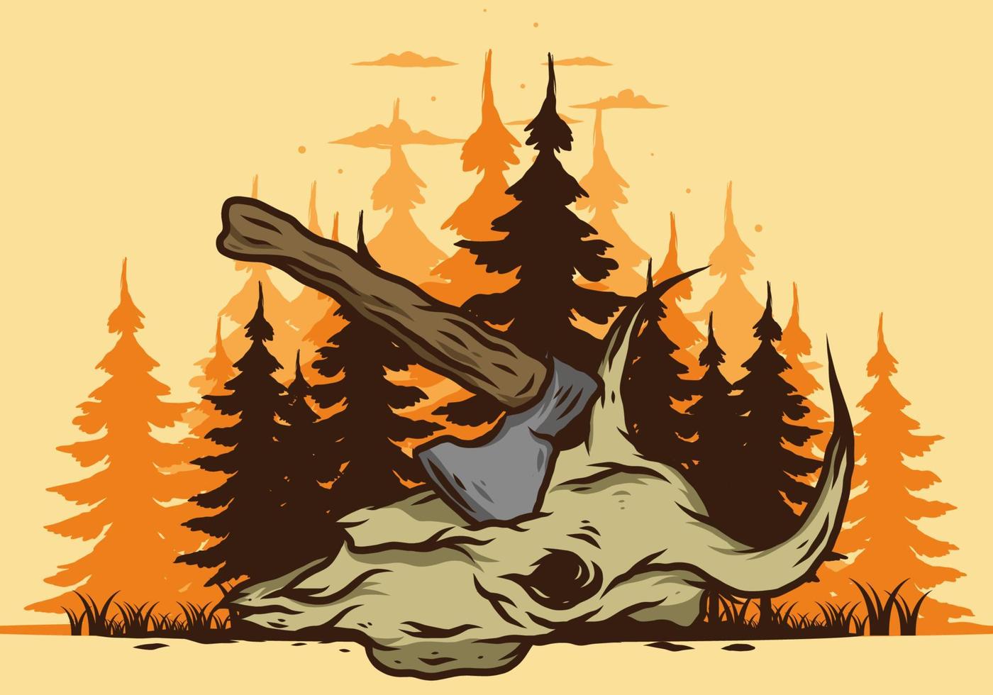 an ax stuck in a buffalo skull illustration vector