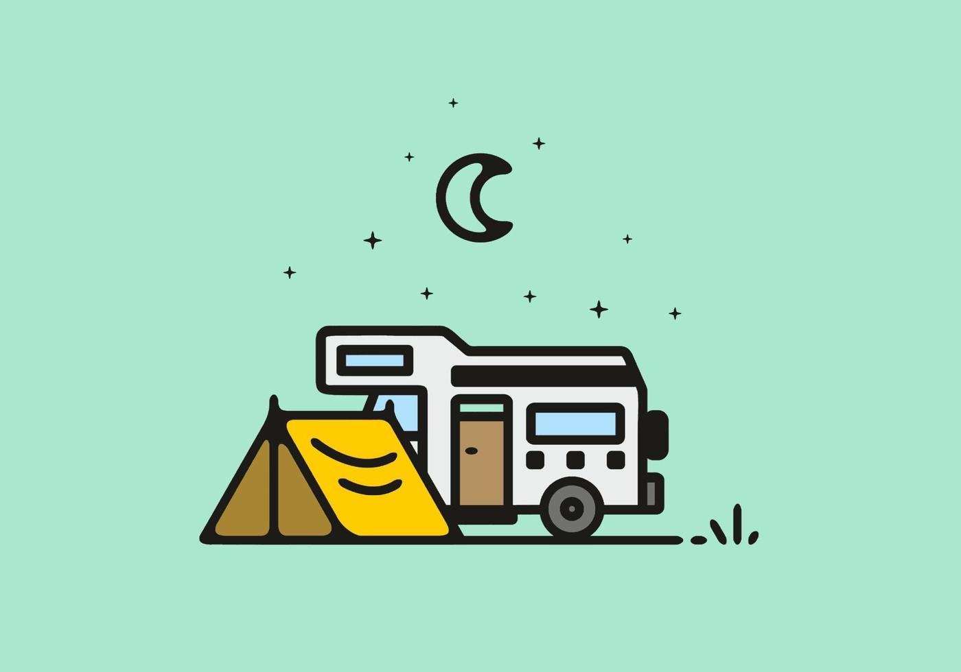 Camping with camper van line art illustration vector