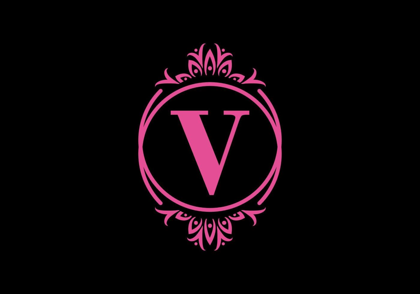 Pink black of V initial letter in classic frame vector