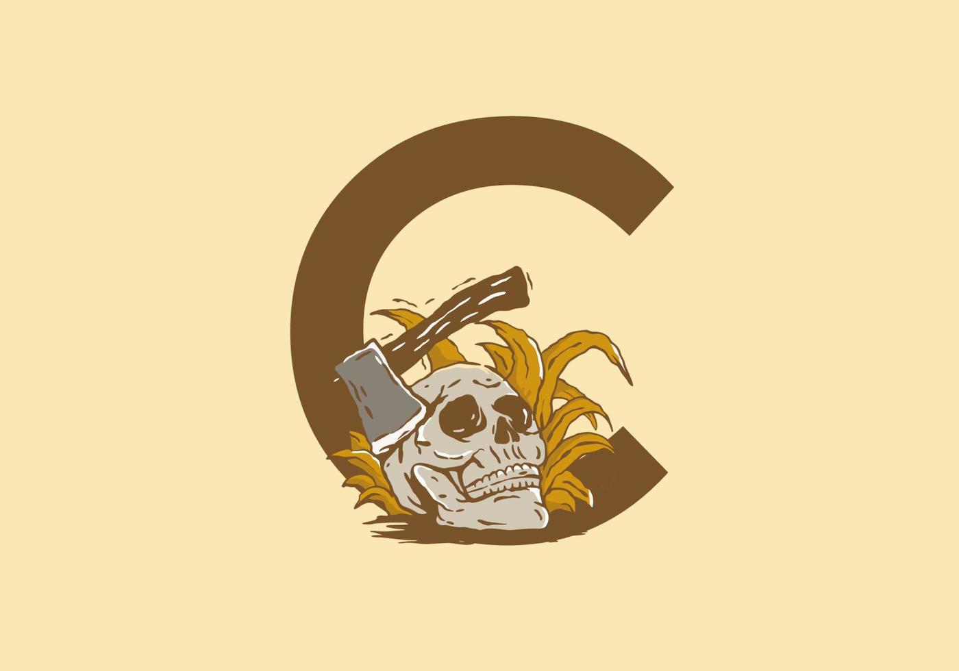 Skeleton head and ax illustration drawing with C initial letter vector