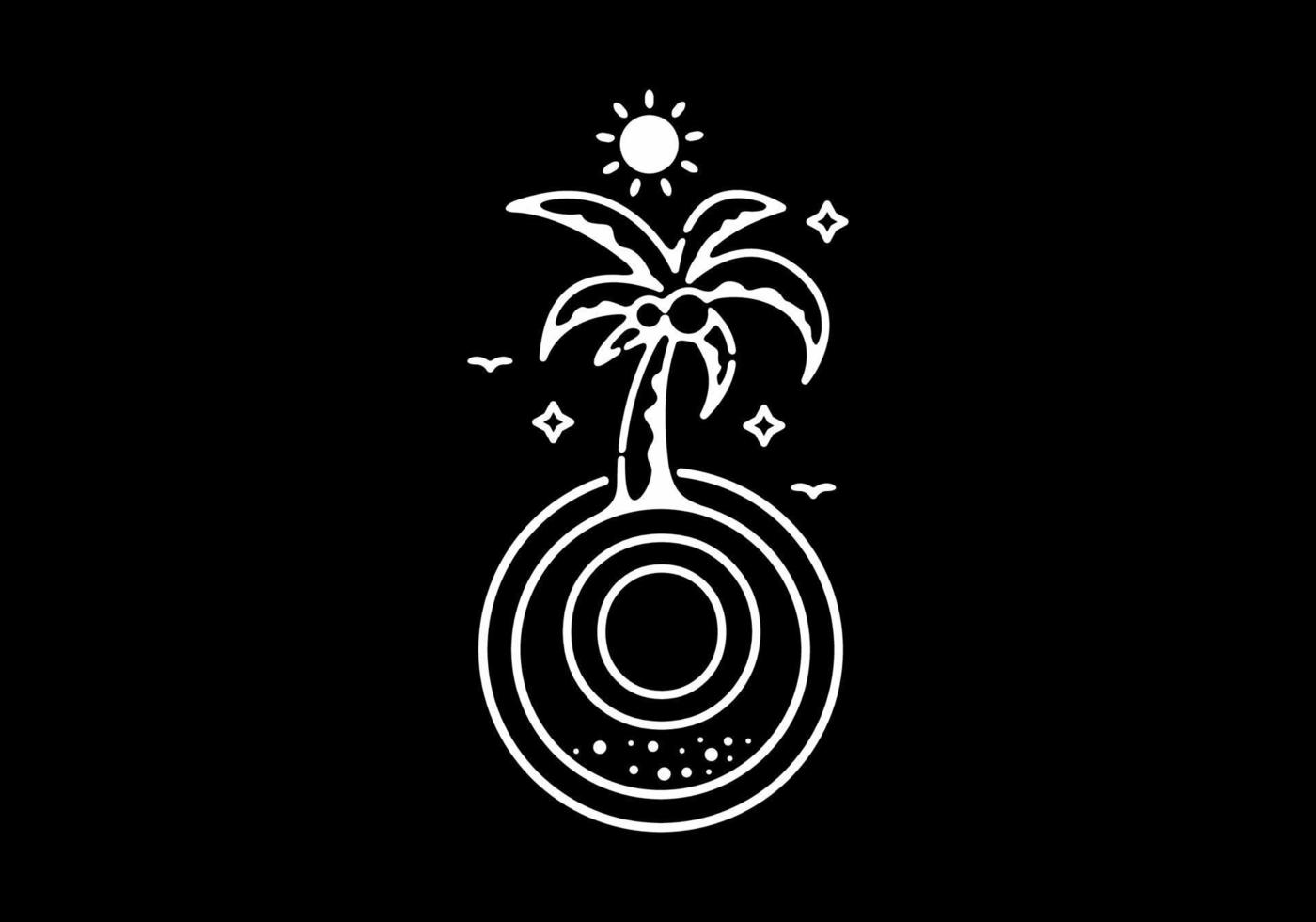 White black line art illustration of coconut tree in the beach with O initial letter vector