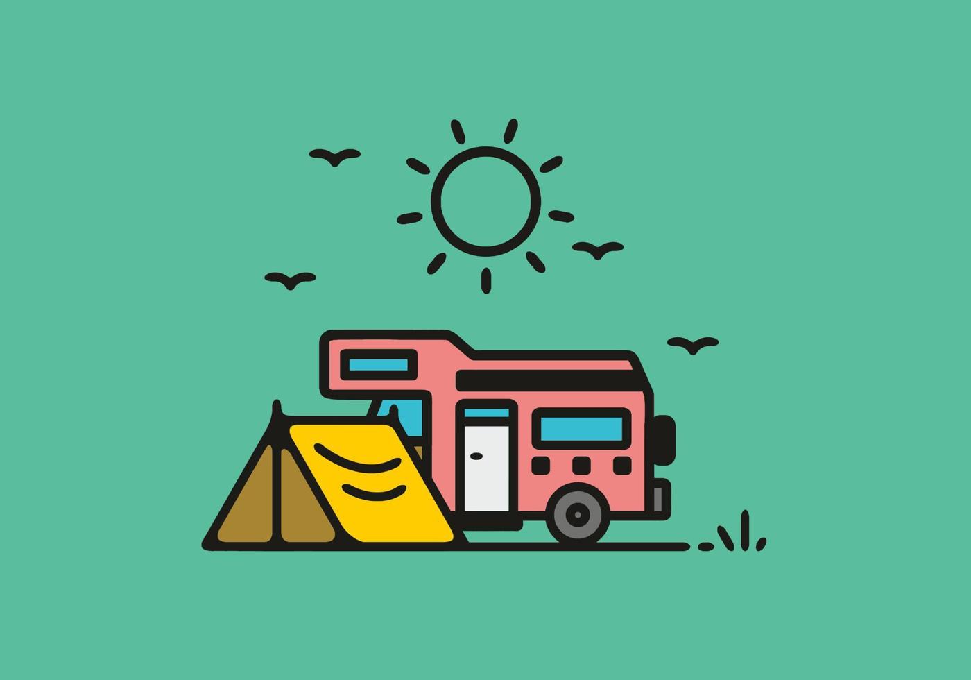 Camping with camper van line art illustration vector