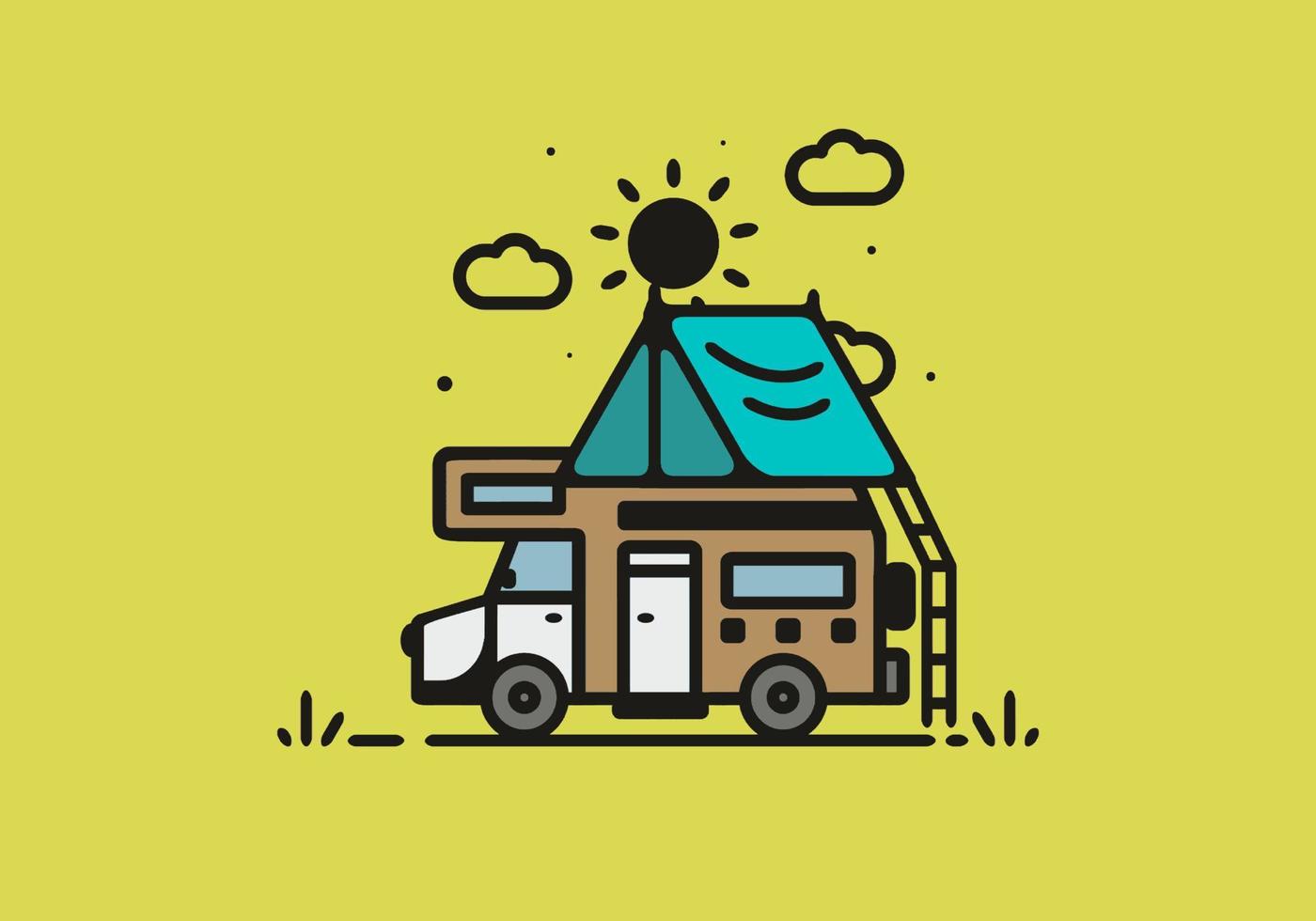 Camping with camper van line art illustration vector