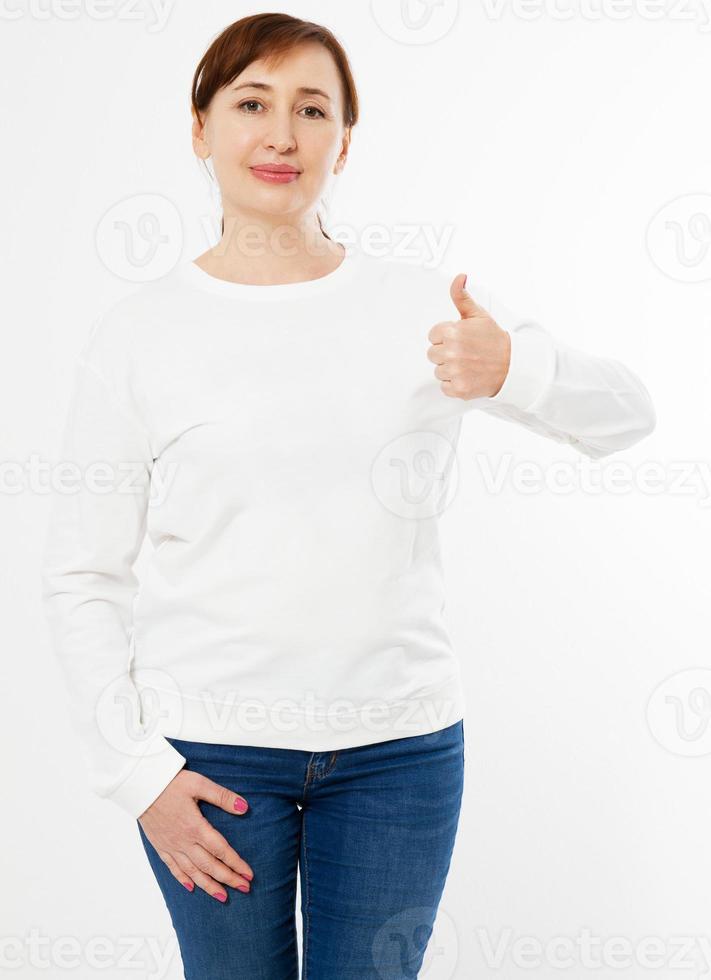 beautiful woman in white pullover posing and show like on white background - mock up photo