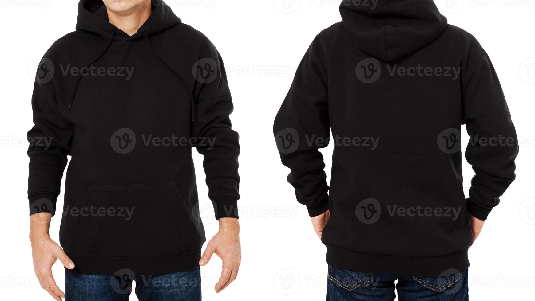 Conjunto de sudadera con capucha para hombre, vista frontal y trasera con capucha negra, maqueta de capucha. espacio de copia vacío con capucha masculina. fondo delantero y trasero foto